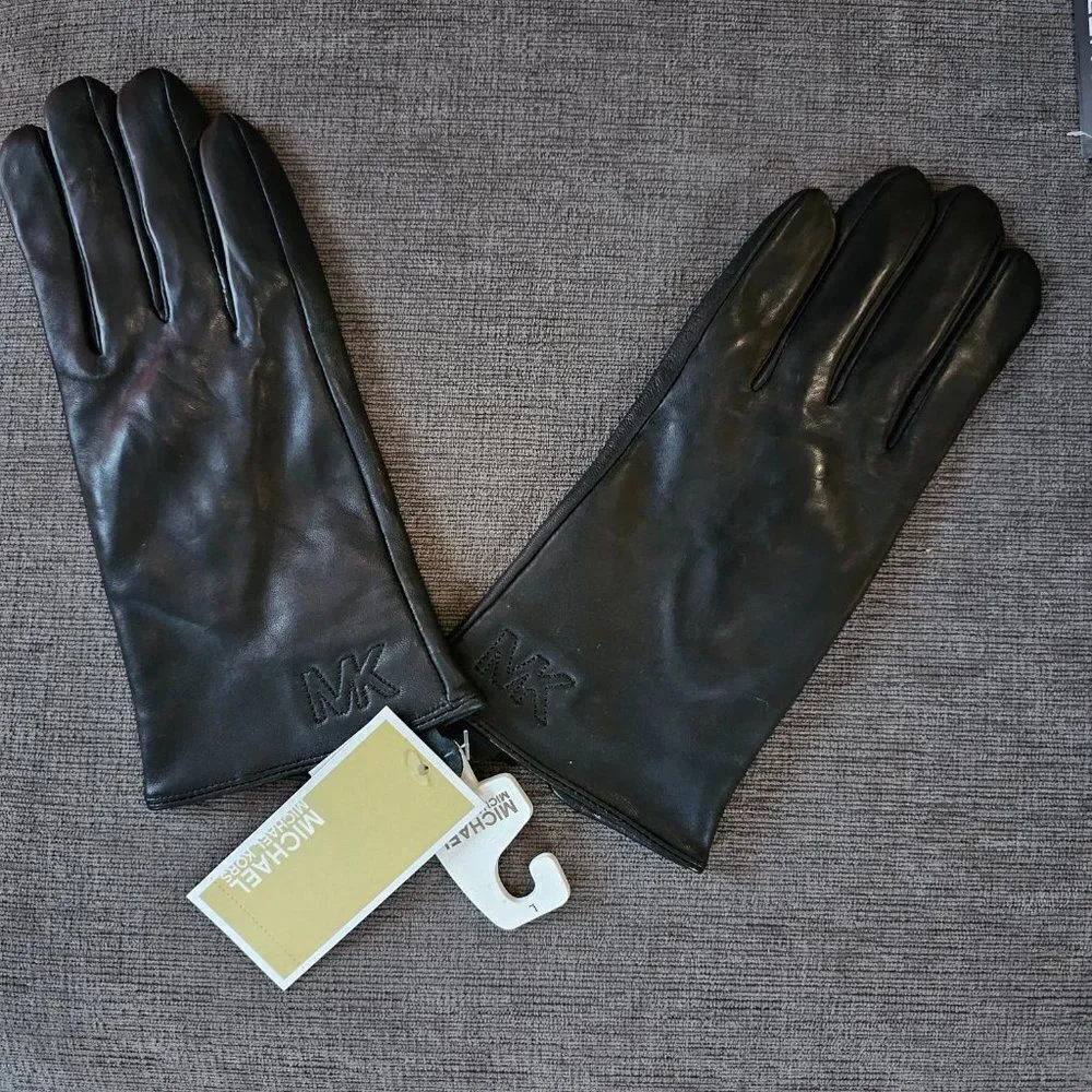 Michael Kors Women's Black Quilted Logo Leather Gloves Size XLar…